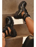 Lakované dámské kotníky s pásky a stříbrnými sponami Černé Helisse