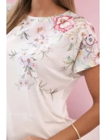 Dámská bavlněná blůza s krátkým rukávem a květinovým potiskem ecru