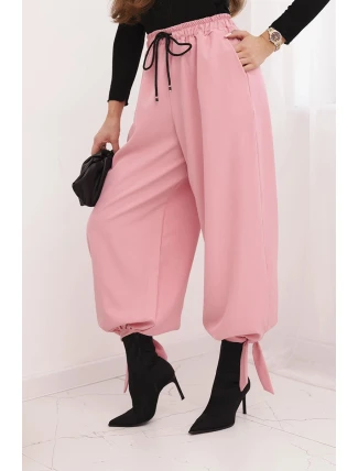 Dámské kalhoty s širokým nohavicí a vázáním dole světle růžové