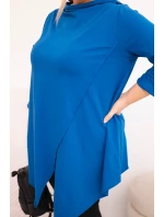 Dámská bavlněná blůza Plus Size asymetrická s ohrnutým rukávem chabrová