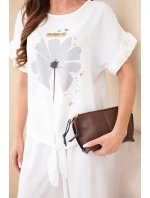 Dámský viskózový komplet s halenkou s potiskem a kalhotami bílý