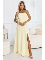 663-3 ELARA korzetové maxi šaty s rozparkem a zavazováním na zádech - máslově žluté