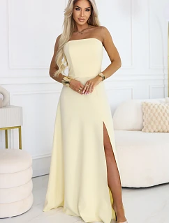 663-3 ELARA korzetové maxi šaty s rozparkem a zavazováním na zádech - máslově žluté