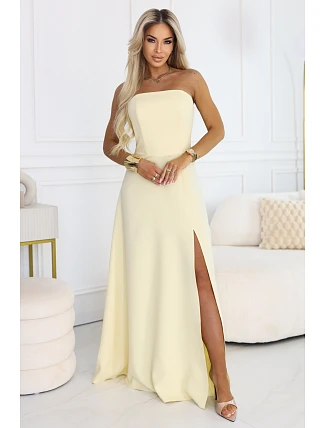 663-3 ELARA korzetové maxi šaty s rozparkem a zavazováním na zádech - máslově žluté