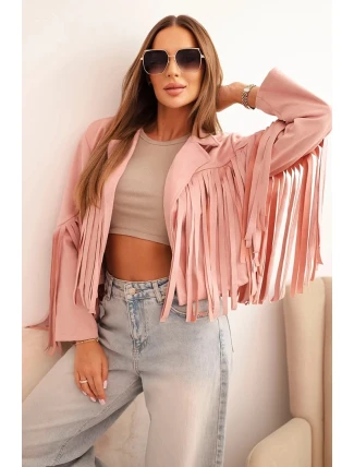 Dámská bunda s třásněmi z semiše tmavě pudrově růžová Dámská bunda s třásněmi z semiše tmavě pudrově růžová