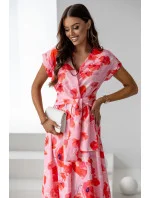 Růžové dámské květované šaty s přeloženým obálkovým výstřihem (82194)