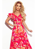LIDIA - Růžové květované dlouhé dámské šaty s výstřihem a volánky 310-4