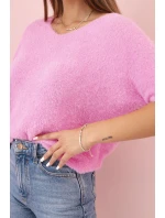 Dámský svetr z měkkého chloupku s V výstřihem krátký rukáv světle růžový