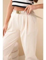 Dámské bavlněné kalhoty s vysokým pasem a páskem béžová