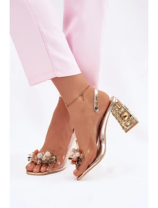 Průhledné sandály na podpatku s krystaly Vinceza 70121 zlaté