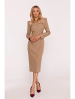 S412 Tužkové šaty s ozdobnými rameny - béžové S412 Tužkové šaty s ozdobnými rameny - béžové