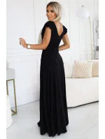 411-12 CRYSTAL lesklé dlouhé šaty s výstřihem - BLACK