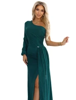 658-2 Třpytivé maxi šaty na jedno rameno s asymetrickými rukávy a rozparkem - lahvově zelené