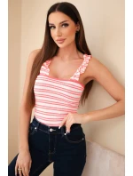 Dámská žebrovaná pruhovaná halenka na ramínkách s volánkem neonově růžová