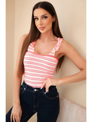 Dámská žebrovaná pruhovaná halenka na ramínkách s volánkem neonově růžová