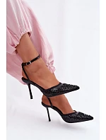 Dámské sandály na podpatku zdobené flitry a korálky Černé Nedira