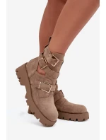 Dámské kotníkové boty s pásky a zlatými přezkami Helisse – béžové