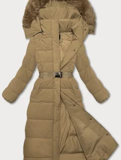 Dlouhá béžová hrubší bunda-kabát s opaskem (WD202306)