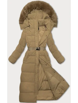 Dlouhá béžová hrubší bunda-kabát s opaskem (WD202306)