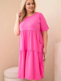 Dámské bavlněné plus size šaty s krátkým rukávem a volánem růžová