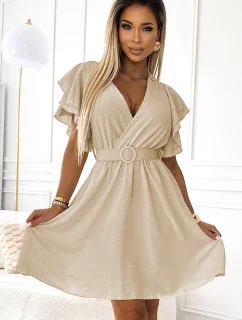 586-1 Dámské šaty s obálkovým výstřihem, rukávy a páskem - béžové