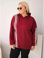 Dámská mikina Plus Size z viskózy s kapucí a ozdobnými pruhy bordó barva Dámská mikina Plus Size z viskózy s kapucí a ozdobnými pruhy bordó barva
