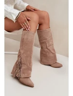 Dámské Kožené Boty Na Podpatku S třásněmi Béžové Zalia