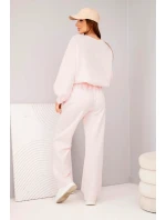 Dámský komplet máslová mikina s broží a kalhoty s rovnými nohavicemi pudrově růžová