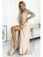 309-10 AMBER krajkové elegantní dlouhé šaty s výstřihem a rozparkem na nohou - BEACH