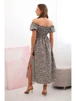 Dámské maxi šaty s květinami a nabíračkami khaki