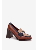 Dámské polobotky na podpatku s rytím a zlatým detailem béžovo-hnědé Novella