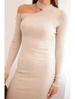 Dámská pletená šaty s dlouhým rukávem a asymetrickým výstřihem béžová