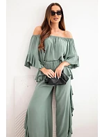 Dámský viskózový boho komplet s volány khaki
