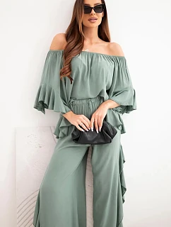 Dámský viskózový boho komplet s volány khaki