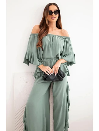 Dámský viskózový boho komplet s volány khaki