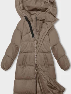 Tmavě béžová dlouhá hrubší dámská bunda s kapucí (5M3163-84)