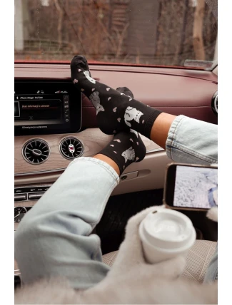 Dámské ponožky s motivem koček a srdcí – černé