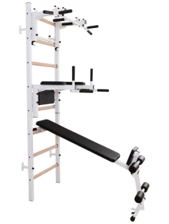 DŘEVĚNÝ KOVOVÝ GYMNASTICKÝ ŽEBŘÍK S HRAZDOU, LAVIČKOU A PŘÍSLUŠENSTVÍM BENCHK 233W