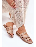 Ozdobené dámské sandály na plochém podpatku se pásky a sponou béžové Manitte