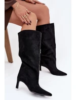 Dámské kozačky z eko semiše na jehlovém podpatku Phelin – černé Dámské kozačky z eko semiše na jehlovém podpatku Phelin – černé