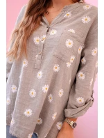 Lněná dámská halenka s květinovým vzorem, dlouhými rukávy a knoflíky kapučíno