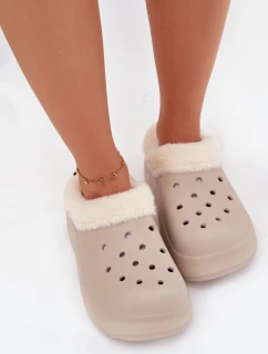 Dámské pěnové pantofle zateplené kožíškem – khaki Palvine