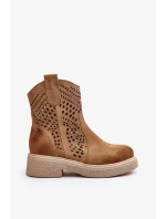 Zazoo Semišové dámské boty na plochém podpatku, prolamované, béžová