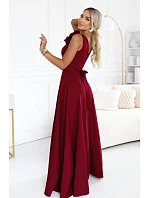 643-9 Elegantní večerní maxi šaty s rozparkem a růžemi – vínové 643-9 Elegantní večerní maxi šaty s rozparkem a růžemi – vínové