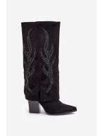 Zdobené kozačky s ohrnutým svrškem na podpatku černé Ivilta
