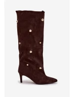 Vklouznuté dámské kozačky na jehlovém podpatku se zlatými ozdobami hnědé Thaliane