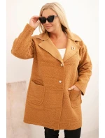 Dámský kabát Plus Size beránek s vlnou a kapsami camelový