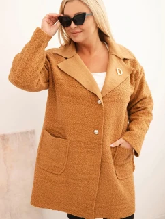 Dámský kabát Plus Size beránek s vlnou a kapsami camelový