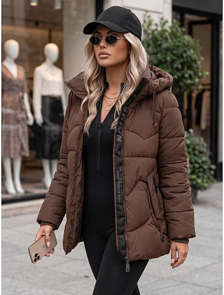 Dámská zimní prošívaná bunda s kapucí, hnědá, FashionStreet TY5752 Dámská zimní prošívaná bunda s kapucí, hnědá, FashionStreet TY5752
