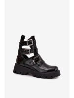 Lakované dámské kotníky s pásky a stříbrnými sponami Černé Helisse